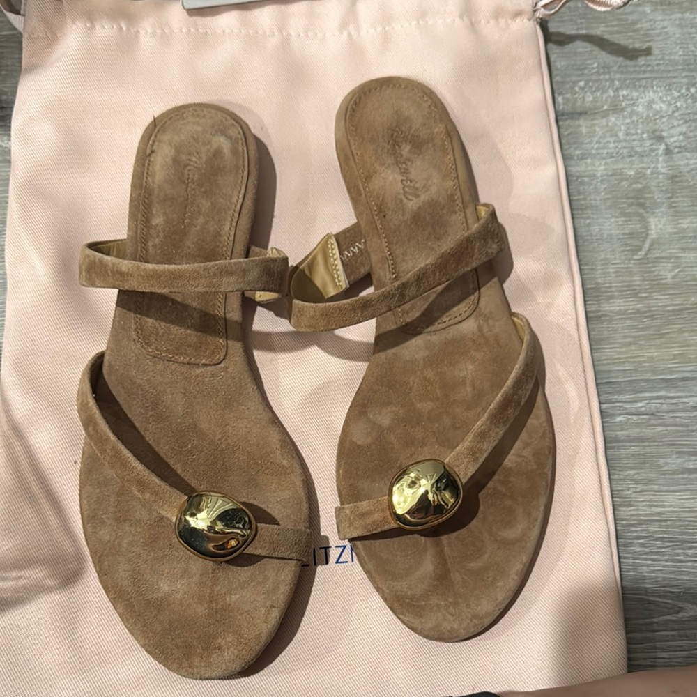Brown Suede Sandals with Gold Accents